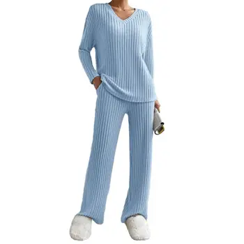 Женские пижамные комплекты Lounge, свитер, брючный костюм, Вязаная домашняя одежда с эластичной резинкой на талии и широкими штанинами, Осенне-зимний пижамный комплект для женщин 16