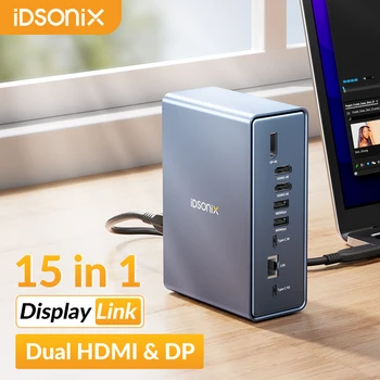 Док-станция IDSONIX DisplayLink с Двумя мониторами 15 в 1 USB C 3.0 Док-станция с Двойным Дисплеем HDMI 4K 100W PD Ethernet SD/TF 4