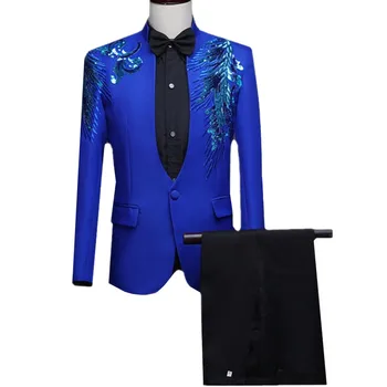 Модный мужской деловой костюм с блестками, 2 предмета, синее / красное классическое платье для свадебных танцев, выступления на вечеринке, мужской блейзер и брюки 1