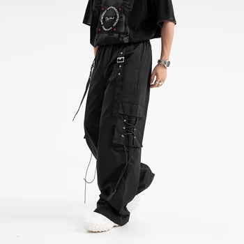 Винтажные брюки-карго с лентой в американском стиле, мужские Женские Y2K, уличные брюки в стиле панк с множеством карманов, повседневные брюки с нишевым дизайном. 19