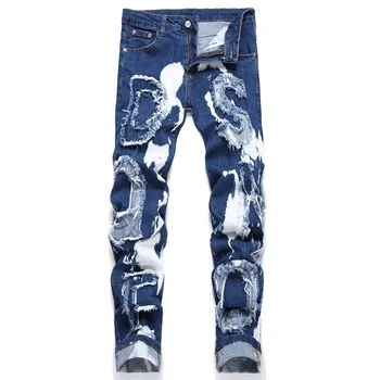 Нашивка с вышивкой в виде буквы High Street Stretch, мужские рваные джинсы, уличная одежда, джинсовые брюки в стиле панк, облегающие модные джинсы с маленькими ножками 23