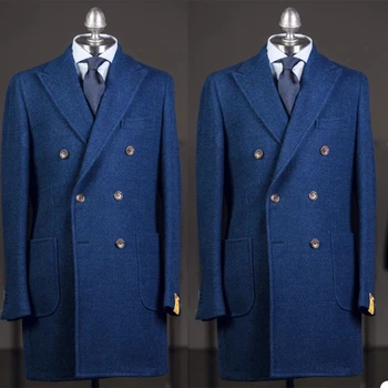 2023 Длинный синий пиджак, только пиджак с отворотом, Твидовый костюм для официальных смокингов, официальный ужин, выпускной, деловой мужской костюм 2