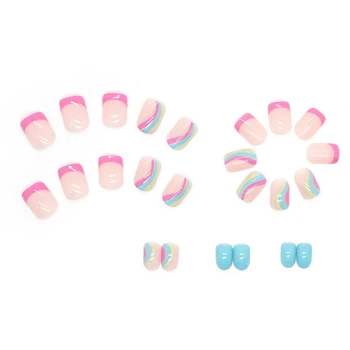 Накладные ногти Rainbow French Пригодные для носки С полным покрытием Готовые накладные ногти Прижимаются к ногтям клеем ABS 2
