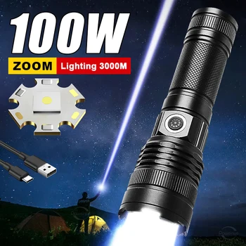 100 Вт, мощные светодиодные фонари, белый лазер, дальность действия 3000 метров, 5000 мАч, ультра мощный фонарик, тактический фонарь 24