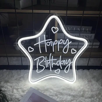 Неоновая вывеска Happy Birthday Star, Вырезанные персональные светодиодные фонари для званого ужина по случаю Дня рождения, Аксессуары для украшения стен по индивидуальному заказу 24