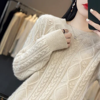 свитер из 100% чистой шерсти, женский свитер с круглым вырезом, 23 осенне-зимний новый базовый свитер с длинными рукавами, однотонный пуловер knitte