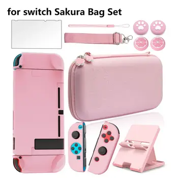 Комплект дорожных чехлов Pink Sakura для NS Lite/OLED-сумка для хранения консоли, стеклянная защитная пленка для экрана, ручки для большого пальца, 8