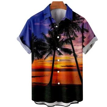 Мужская гавайская рубашка С отворотом, модный Свободный Дышащий топ с коротким рукавом, Летняя Красивая мужская одежда Sunset Beach 2023 20