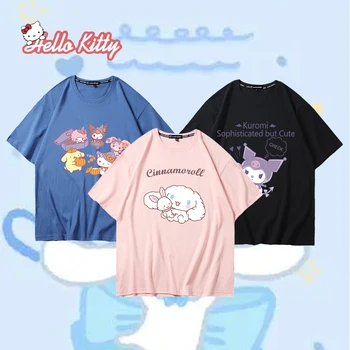 Хлопковая футболка с короткими рукавами Hello Kitty, Летний Модный дизайн с героями мультфильмов, Чувство универсальности, Свободная Повседневная Мелодия Для Девочек, Милая Пара, Малыш 17