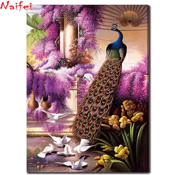 5d Алмазная живопись, мозаика, Фиолетовый Цветочный декор с животными, полная Квадратная / круглая вышивка, Павлин, Вышивка крестиком, наклейка на стену 1
