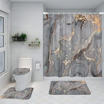 Набор занавесок для душа из серого золотистого хрустящего мрамора, современная креативная занавеска для декора ванной комнаты из ткани с мраморной текстурой и нескользящий коврик для ванной 24