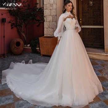 Скромное свадебное платье с высоким воротником и длинным рукавом, Классическое платье с аппликациями для невесты, Изящное длинное свадебное платье трапециевидной формы Robe De Mariée 17