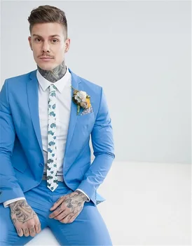 Свадебный облегающий костюм небесно-голубого цвета, двойка на одной пуговице, приталенные мужские костюмы для свадебной вечеринки (куртка + брюки) 19