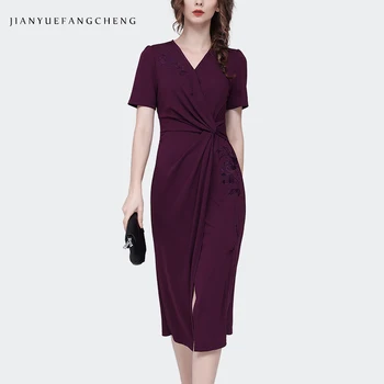 Элегантное женское летнее фиолетовое платье с коротким рукавом и V-образным вырезом, расшитое вышивкой, сексуальные женственные платья с запахом на талии длиной до колен 8