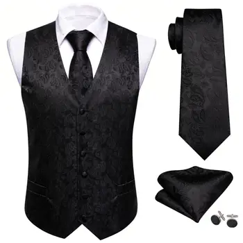 Роскошный шелковый жилет для мужчин, черный жилет с цветочным узором Пейсли, Комплект галстуков, Свадебная Официальная деловая вечеринка, куртка без рукавов Barry Wang 17