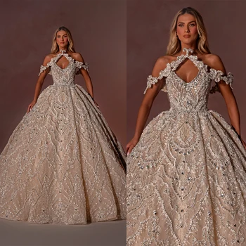 Роскошное бальное свадебное платье, расшитое хрустальным бисером, Элегантные свадебные платья с открытыми плечами, Изящный расшитый бисером халат невесты Vestidos De Novia 17