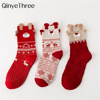 Новые женские носки с милой термостойкостью, Рождественская елка, Санта-Клаус, Лось, Снеговик, Рождественские подарочные носки для девочек, Зимние теплые Мягкие красные носки Sokken 10