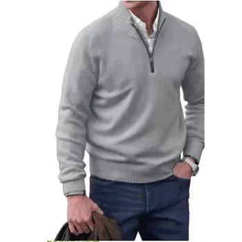 Мужской свитер на четверть молнии, пуловер с отворотом, легкая водолазка, вязаные свитера с ребристым краем, уличные толстовки 25