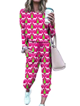 Женские комплекты Рождественских пижам с Рождественским принтом, топы с длинными рукавами, Длинные брюки на шнурке, комплект одежды для отдыха из 2 предметов, спортивные костюмы