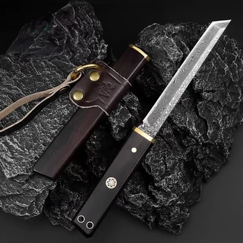 Дамасский обвалочный нож ручной работы с твердым лезвием, уличный портативный охотничий нож для кустарного промысла в деревянных ножнах 7