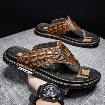 Oraqwlj, мужские вьетнамки, Летняя повседневная обувь 2023 года, тапочки ручной работы из крокодиловой кожи, роскошные брендовые уличные мужские пляжные кожаные сандалии 6
