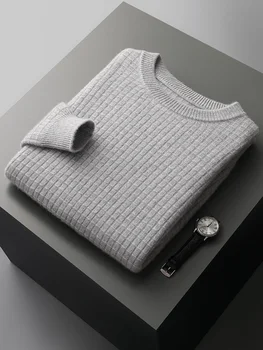 2024 Мужской свитер высокого класса, осенне-зимний утолщенный вязаный пуловер в мелкую клетку с круглым вырезом, 100% шерстяной свитер, повседневный топ 24