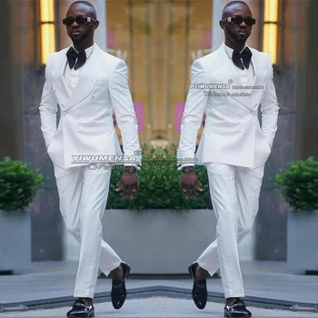 Белые костюмы Для мужчин, приталенное южноафриканское двубортное пальто, новейший дизайн брюк, 2 предмета, официальный свадебный смокинг, блейзер на заказ 23