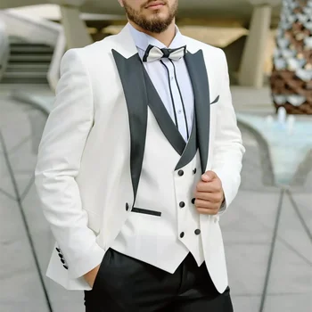 Элегантные костюмы для мужчин, белый Блейзер из 3 предметов, жилет с черным лацканом, Официальная деловая свадьба, Платье для шафера жениха, Смокинг