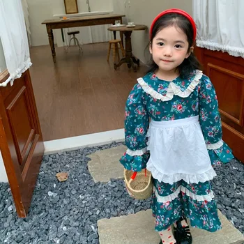Корейская детская рубашка, Весенне-осеннее новое богемное платье, Детское кружевное платье с кружевным воротником, длинное платье с принтом для девочек Zljg 25