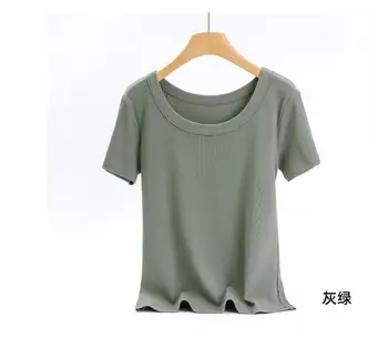 Однотонная базовая женская футболка повседневного цвета с коротким рукавом 15