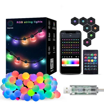 Умные наружные светодиодные гирлянды Bluetooth RGB G40 Глобусные лампы, светильники для патио, приложение для синхронизации музыки с дистанционным управлением, водонепроницаемая лампа 15