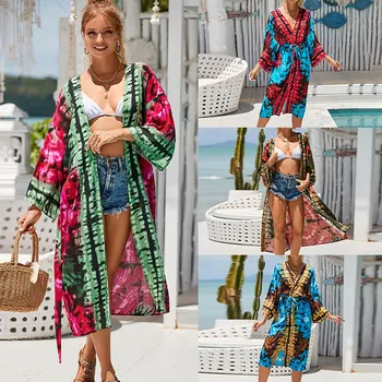 Новые накидки-бикини Tie Dye в полоску в стиле ретро, женское летнее кимоно с поясом, пляжная одежда, купальник, накидка 1