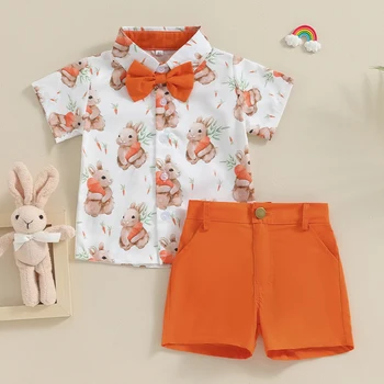 Комплект пасхальной одежды для маленьких мальчиков, галстук-бабочка с морковным кроликом, рубашки с короткими рукавами, топы и шорты, летняя одежда из 2 предметов 21