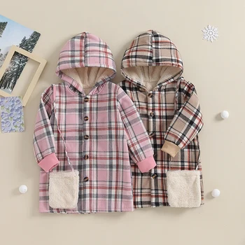 Зимнее пальто для маленьких девочек, куртка с капюшоном в клетку и принтом с длинным рукавом, сумка через плечо для младенцев, весенне-осенняя верхняя одежда для младенцев 3