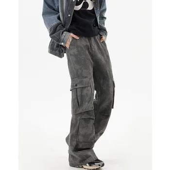 2024 Мужская уличная одежда, Рабочие повседневные брюки-карго, Свободные джинсы в стиле ретро, Модные прямые широкие брюки, Брюки 2 цветов M-2XL