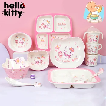 Набор Детской Посуды Hello Kitty, Милая Детская Миска, Тарелка Для Кормления, Меламиновая Анти-горячая Тренировочная Тарелка, Столовая Посуда, Подарки 9