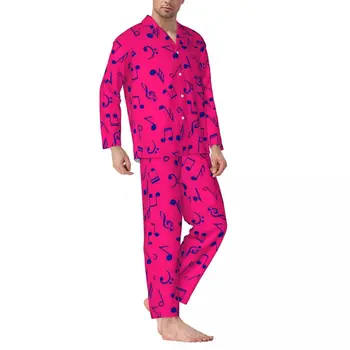 Пижама Мужские музыкальные ноты Пижама для спальни Розово-голубой повседневный пижамный комплект из двух предметов с длинным рукавом Милый домашний костюм Оверсайз 20