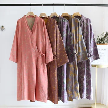 Женские весенне-летние хлопковые двухсторонние жаккардовые халаты-кимоно, женская ночная рубашка свободного размера, удобный домашний халат 1
