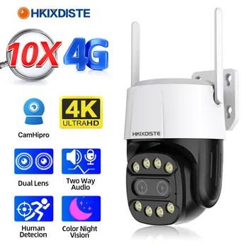 Камера видеонаблюдения 4G Sim-Карты PTZ 10X Outdoor 8MP Security CCTV Cam С Двойным Объективом 3,6 мм-8 мм AI Human Tracking Night Vision Camhi 6