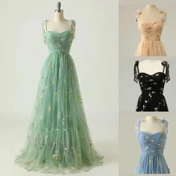 Сладкие вечерние платья с цветочным рисунком, женское классическое вечернее платье с изысканной вышивкой на бретельках, сказочное платье подружки невесты, длинное платье Vestido 21