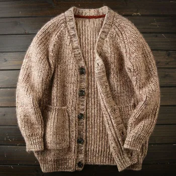 Осень-Зима, мужской свитер с V-образным вырезом, пальто, Модный винтажный Свободный Повседневный вязаный толстый свитер, Мужской однобортный теплый кардиган, свитер 4