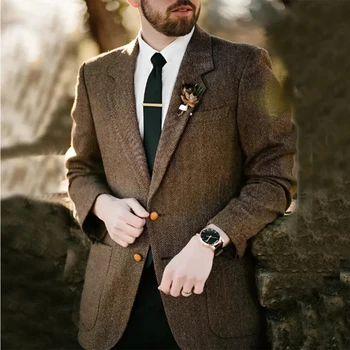 Мужские костюмы, Блейзеры, Мужской Мужской Твидовый Блейзер в елочку коричневого цвета для жениха, Свадебная одежда, куртка 25