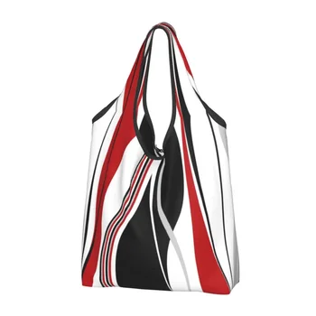 Изготовленная на Заказ Винтажная сумка для покупок с абстрактными волнами, женская портативная сумка для бакалеи большой емкости, геометрические Красочные сумки для покупок 7