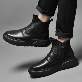 Брендовые классические черные зимние мужские уличные ботинки с боковой молнией, модная теплая хлопчатобумажная обувь со средним верхом и кожаными ботинками из воловьей кожи с верхним слоем 9