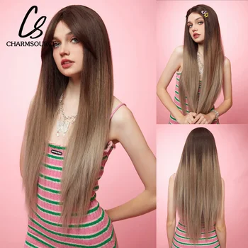 CharmSource Омбре Коричневый Блонд Длинные прямые Синтетические парики с челкой Косплей Парик для женщин из высокотемпературных натуральных искусственных волос 5