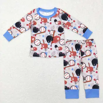 оптовая горячая распродажа детской одежды в стиле вестерн, одежда для маленьких мальчиков, перчатки со звездами бейсбола, темно-синий брючный костюм с длинными рукавами и каймой.