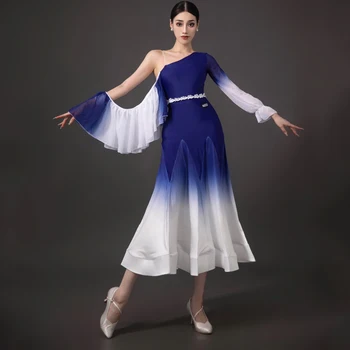 2023 Новое Женское платье для бальных танцев с градиентным рисунком с одним рукавом, одежда для занятий Чача Румба Вальс, Современное танцевальное платье DN16987 3
