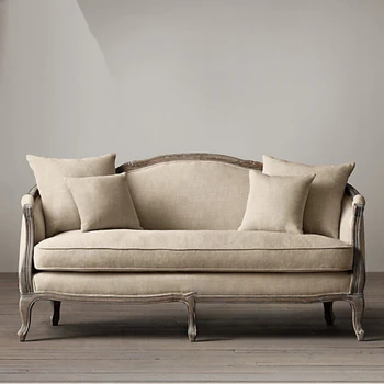 Винтажная мебель из массива дерева, ткань из конопли, изношенный тканевый диван для одного, двух и трех человек 18