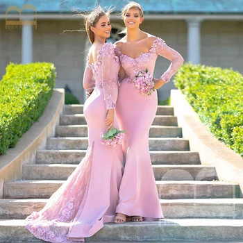 Розовое атласное элегантное женское платье для свадебной вечеринки, платья с аппликацией с длинным рукавом, платье подружки невесты, гостья свадебного вечера 22