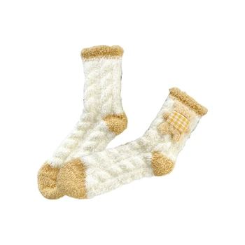 Женские пушистые носки с 3D плюшевым медведем, Коралловые флисовые Зимние термоноски для сна 25